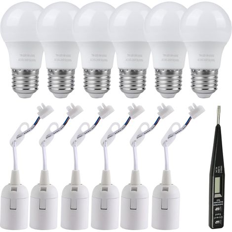 Kit d'éclairage E27 : 6 douilles et 6 ampoules LED 5W 6500K blanc froid - Douille E27 avec câble et testeur de tension - Montage mural - 230V - Matériau PET (1/5)
