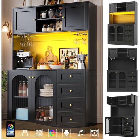 Buffet multifonction 120x40x188 cm, meuble de rangement avec LED intégrée et porte-gobelets – Armoire de cuisine 4 portes – Sideboard Pour cuisine, salon ou salle à manger