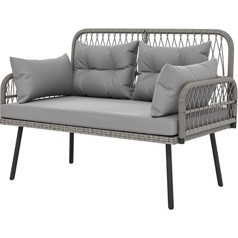Canapé de jardin avec coussins et revêtement, 2 places en résine tressée synthétique, canapé d'extérieur avec accoudoirs gris foncé (1/5)