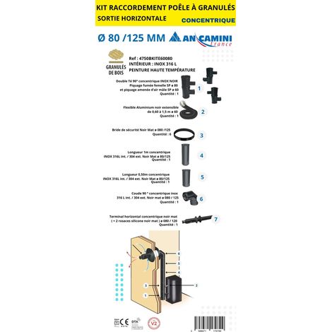 AN CAMINI Kit raccordement concentrique Ø80/125 mm pour poêle à granulés - sortie horizontale - inox 316L
