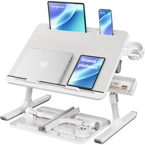Bureau d'Ordinateur Portable Pliable, Hauteur Réglable, Plateau Inclinable 56 x 40 cm, pour Canapé, Lit, Gris (1/5)
