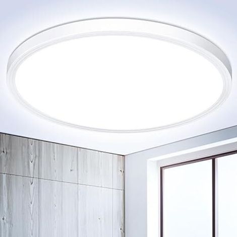 Plafonnier LED rond plat - 18 W 6500 K 1600 lm IP44, blanc froid moderne, idéal pour salle de bain, couloir, cuisine, chambre, balcon, salon, escalier, sous-sol, Ø 22,3 cm [Classe énergétique E] (1/5)