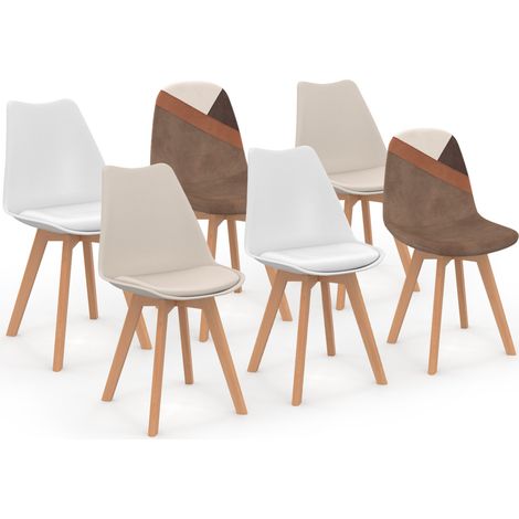 Set di 6 sedie scandinave SARA beige e bianche con velluto patchwork marrone e beige (1/5)