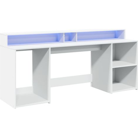 Escritorio de oficina puesto de trabajo mueble de ordenador mesa de estudio con iluminación LED 200 x 55 x 91 cm madera de ingeniería blanca 020023410 (1/5)