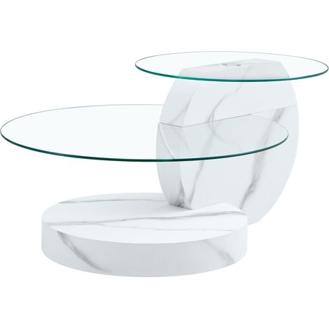 Table basse moderne en MDF blanc effet marbre avec plateau en verre de sécurité double niveau (1/5)