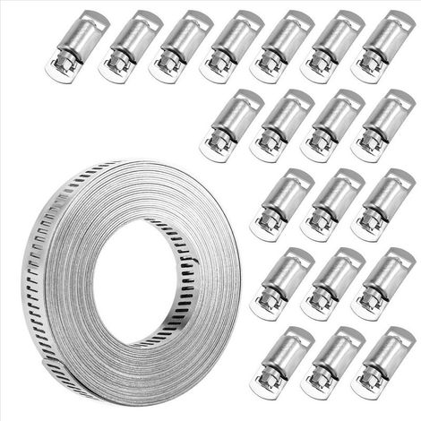 Bridas para cables de 6 metros, fleje metálico + 20 sujetadores, banda de acero inoxidable autocortante, ajustable, tornillo sin fin grande (1/5)