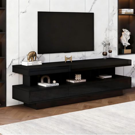 MEUBLIV TV-Lowboard 160 x 38 x 50,5 cm Schwarz Hochglanz mit LED, 3 Glasböden (1/5)