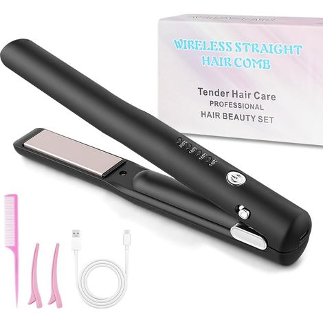2 in 1 Hair Straightener and Curler Cordless Mini Portable Travel Hair Straightener USB Rechargeable 4 Temperature Mini Curling Iron for Smooth Shiny Hair - Black (1/5)