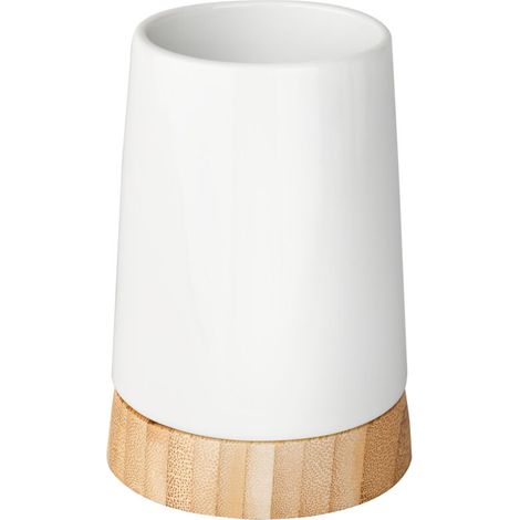 Porte Brosse à Dent, Gobelet Salle de Bain, Bamboo, Céramique - Bambou, Ø 8,5x11,6 cm, Blanc - marron