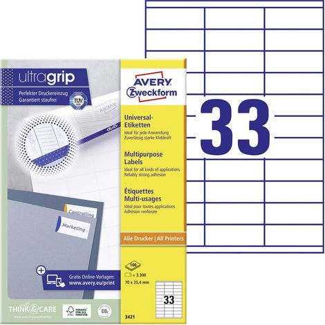 Avery Zweckform Universaletikett 3421 70x25,4mm weiß 3.300 St./Pack. (1/4)