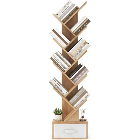 COSTWAY Libreria ad Albero in Legno, Scaffale a 10 Ripiani con Cassetto, Portaoggetti Autoportante per Soggiorno, Studio e Ufficio, 38 x 20 x 150 cm (Naturale) (1/5)