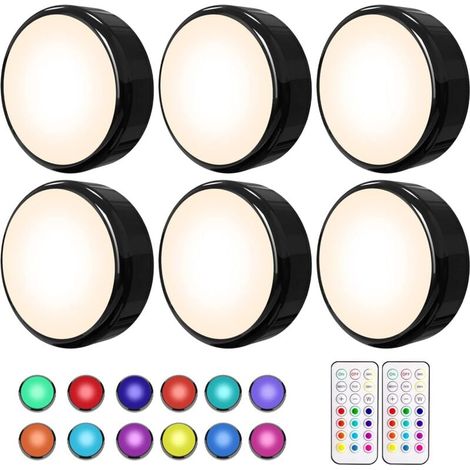 Lot de 6 lampes LED à intensité variable pour armoire, éclairage d'armoire à piles avec télécommande et minuterie, noir (1/4)