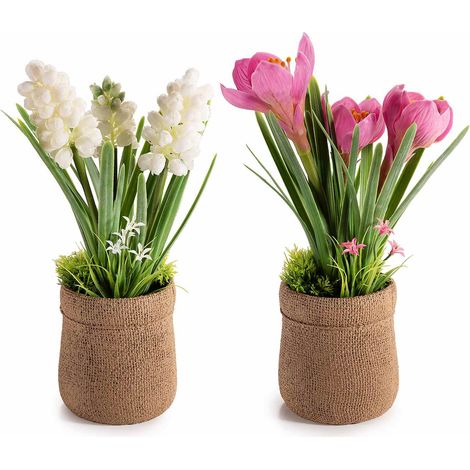 Vasi ad effetto juta con fiori artificiali colorati, set da 2 pezzi, Ø 8,5 cm x 27,5 H