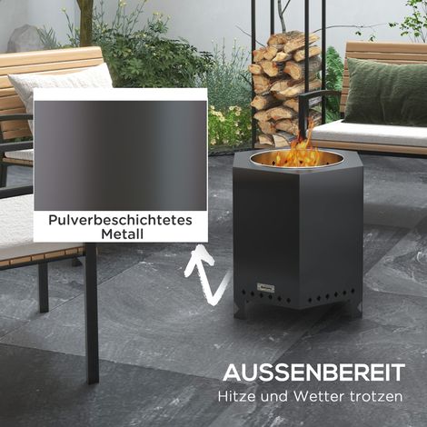 Foyer extérieur en acier, baril à feu avec tisonnier, 45 x 38,8 x 46,5 cm, argent et noir (1/5)