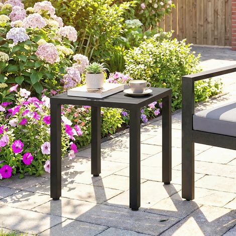 Quadratischer Gartentisch, Terrassentisch, Metallgestell, für drinnen und draußen geeignet, für Balkon, Veranda, Terrasse, schwarz