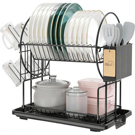 1 scolapiatti a due livelli, in acciaio inox nero, con portaposate, vassoio raccogligocce, accessorio da cucina compatto (1/5)