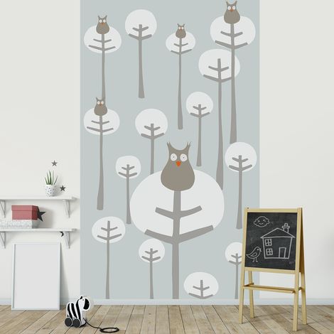 Papier peint intissé 250x150cm, Chouette forêt arbre, Gris clair, Chambre enfant. Déco murale pour enfants. (1/2)