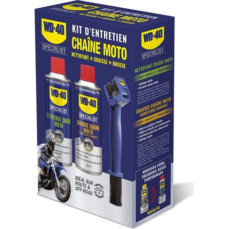 Kit d’entretien chaîne moto WD-40 – Nettoyant 400ml et graisse 400ml – Brosse de nettoyage incluse – Lubrification efficace (1/4)