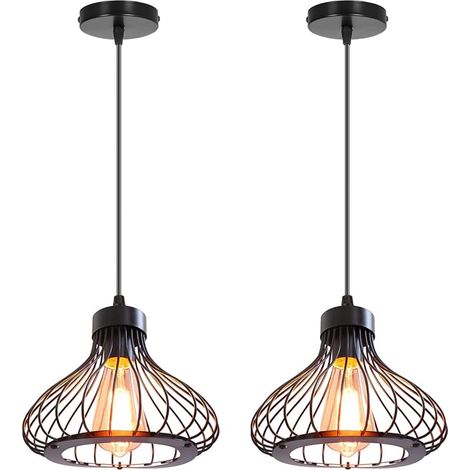 Lot de 2 Suspension Luminaire Industrielle Plafonnier Abat-jour en Métal en Forme de Cage Noir Lustre Vintage pour Cuisine Salle à Manger Salon Chambre Bar Couloir Restaurant (Cage A 23CM) (1/5)