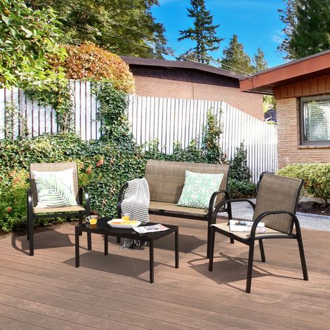 4 Pcs Salon de Jardin en Textilène Ensemble Table en Verre Trempé et Chaises 4 Personnes Patins Antidérapants Marron (1/3)