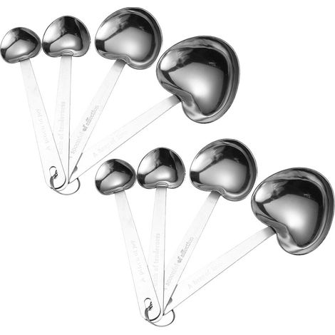 Cuillères Doseuses Cœur en Acier Inoxydable Argenté, Lot de 2 Sets de 4 pour Cuisine et Pâtisserie (1/5)