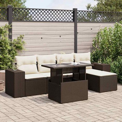 Canapé d'extérieur 6 places en résine tressée marron avec table ajustable et rangement intégré (1/5)