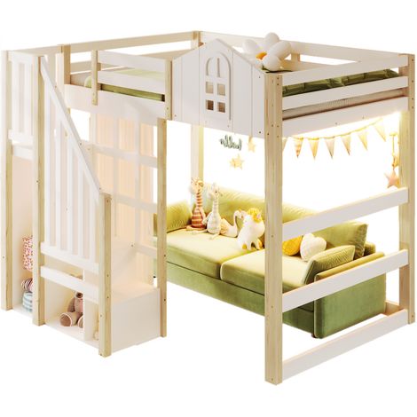 Lit mezzanine 140x200 cm avec LED, forme château, échelle de rangement, niche ouverte et rideau gaze blanc, bois de pin et MDF, sans matelas – CHICFURN (1/5)