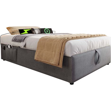 Lit capitonné simple 90x200 cm, lit coffre avec USB-C et sommier complet, sans tête de lit, coton, gris, chambre ado, matelas non inclus (1/5)