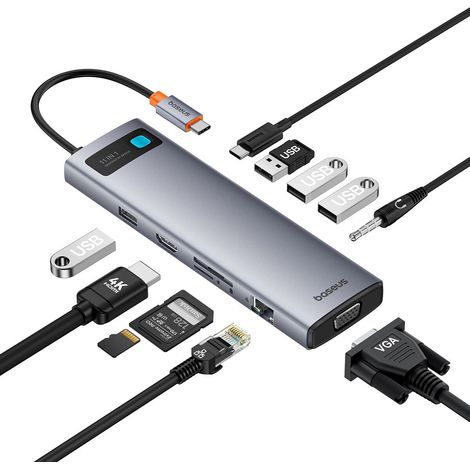 HUB 11in1 Baseus Metal Gleam Series USB-C zu USB-C PD / 3x USB-A 3.0 / USB-A 2.0 / HDMI / VGA / AUX / RJ-45 / SD TF - Grau (1/5)