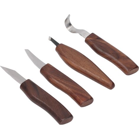 Outils de sculpture sur bois avec pierre à aiguiser, sangle en cuir, poignée en noyer, ensemble de sculpture pour projets de menuiserie 4 pièces (1/5)