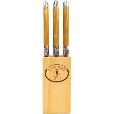 Bloc Couteaux 6 Pièces - Bloc de Rangement en Bois - 6 Couteaux, Lames Dentelées en Acier Inoxydable, Manche Façon Corne Blonde - Ustensiles de Cuisine, Style Intemporel (1/5)