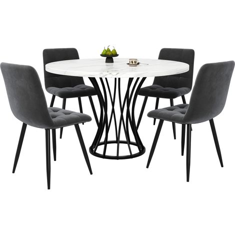 Ensemble table à manger 5 pièces ronde 80 cm avec 4 chaises en velours gris, plateau effet marbre blanc et pieds noirs, meuble moderne pour cuisine  CHICFURN (1/5)