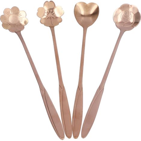 Cuillères à mélanger en forme de cœur et de fleur (lot de 4), cuillères à café, cuillères à dessert, cuillères à thé glacé, acier inoxydable, or rose (1/5)