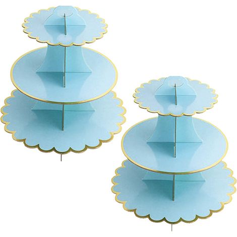 Set of 2 3 Tier Cardboard Cupcake Stands, Cardboard Cake Stand Decoration for Baby Showers, Weddings, Birthdays (Blue) (1/5)