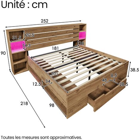 Letto Contenitore Letto Matrimoniale 180×200 cm, LED, USB e Tipo C, 2 Cassetti, senza Materasso, Rovere (1/4)