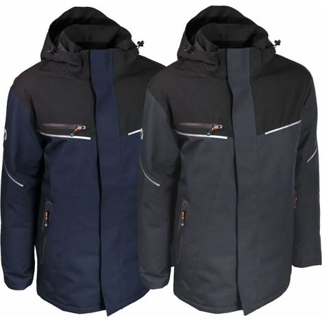 Parka de Travail Homme Polyester Oxford 300D Impermeable Noir - Capuche Enroulable - Bandes Reflechissantes - EPI - Taille TXL