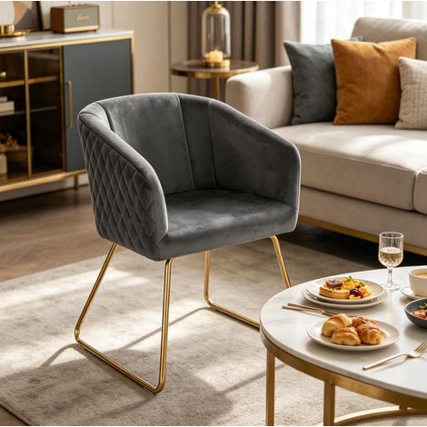 Sedia da pranzo in velluto grigio scuro con gambe in metallo dorato, altezza 76,5 cm, seduta 47,5 cm (1/5)