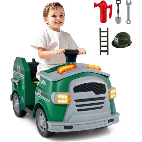 12V Camion de Pompiers Électrique Enfant avec Musique, Alarme, Klaxon, Volant & Pédale, 5 Accessoires, 2-4km/h, Charge 25kg pour Enfant 3-8 Ans, Vert (1/5)
