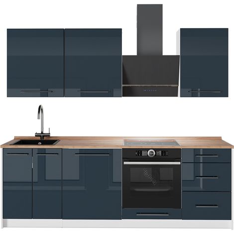 Cucina componibile Fame-Line, Blu scuro lucido/Bianco, 230 cm, PL Rovere, Vicco (1/5)