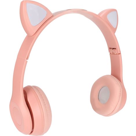 Casque Bluetooth pliable avec support carte mémoire, oreilles de chat mignonnes et lumière LED, rose, pour enfants, téléphone et ordinateur portable. (1/5)