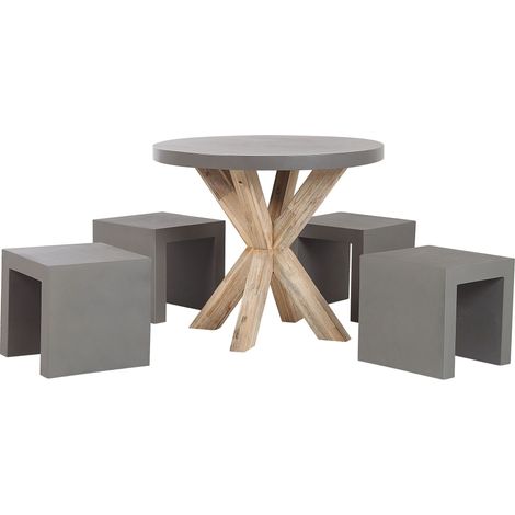 Set da Giardino con Tavolo Rotondo in Legno e 4 Sgabelli in Cemento Grigio Olbia/Taranto