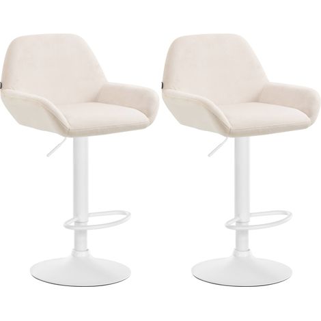 Juego de 2 taburetes de bar con reposapiés y reposabrazos en piel sintética color crema base de trompeta de metal blanco 100006885