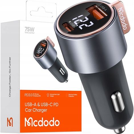 Mcdodo Leistungsstarkes Schnell-Autoladegerät mit 2x USB-C 75W LED-Anzeige (1/5)