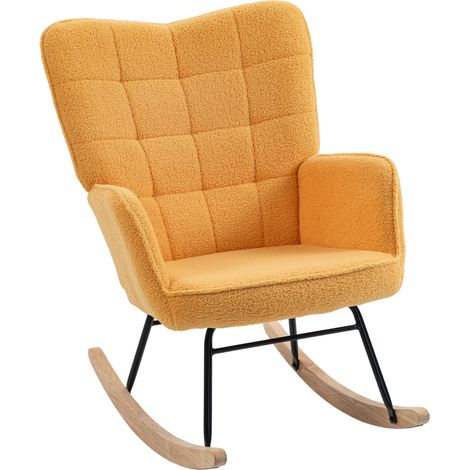Fauteuil à bascule en peau de mouton, inclinaison à 40°, pieds en hêtre, charge maximale 120 kg, 71 x 98 x 101 cm, jaune (1/5)