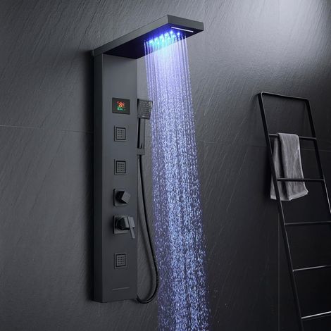 Tower shower panel with mixer tap, 5 function shower column with LED temperature display rain and waterfall, massage jets, hand shower and bath spout, shower panel made of (1/5)