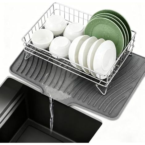Tapis égouttoir à vaisselle en silicone gris de 40 cm avec trous de suspension, forme inclinée, antidérapant et résistant à la chaleur (1/5)