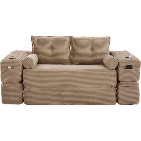 Divano letto pieghevole 2 posti in tessuto corduroy, con cuscini memory, tasche e portabicchiere (1/5)