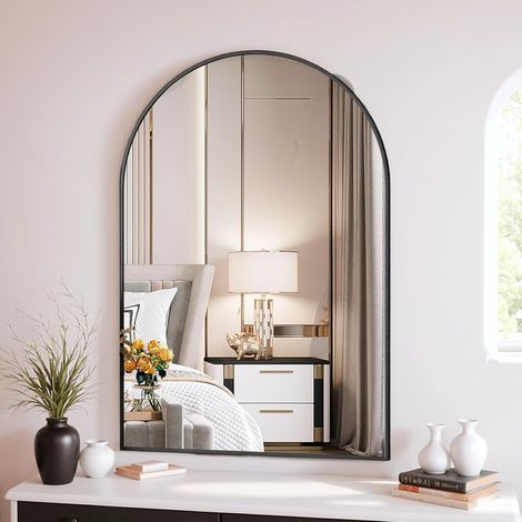 Tlgreen – Miroir mural arqué 66 x 96 cm – Verre trempé incassable – Cadre en aluminium brossé – Installation verticale/horizontale (1/5)