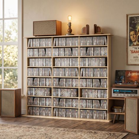Meuble Rangement 1032 CD / 594 DVD, Multimédia, 24 Compartiments, 18 Étagères Ajustables, Chêne (1/5)