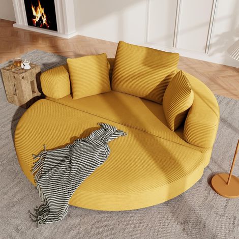 Canapé 2 Places velours côtelé Jaune – Canapé-lit modulable Format ovale, livré avec coussins, pour appartement – salon ou chambre